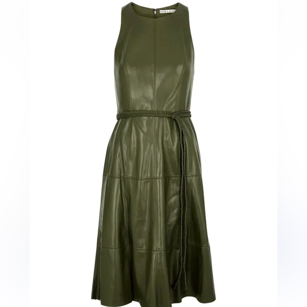 NWT Alice + Olivia Leandra Vegan Leather Olive Green Midi Dress size 6